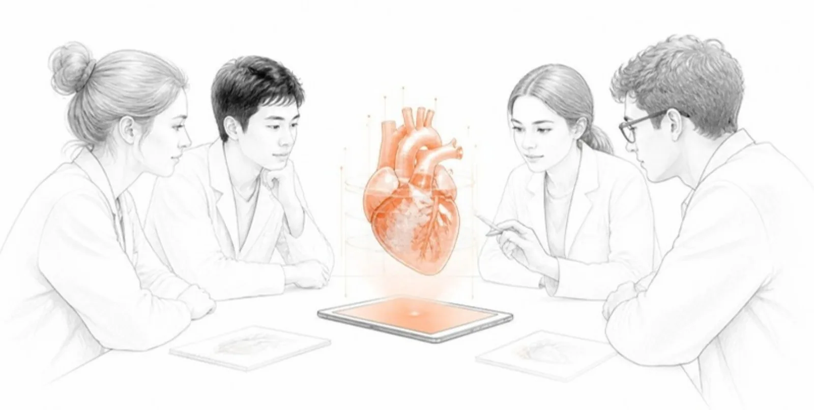 Medical students around a 3D heart shown in AR on a tablet
