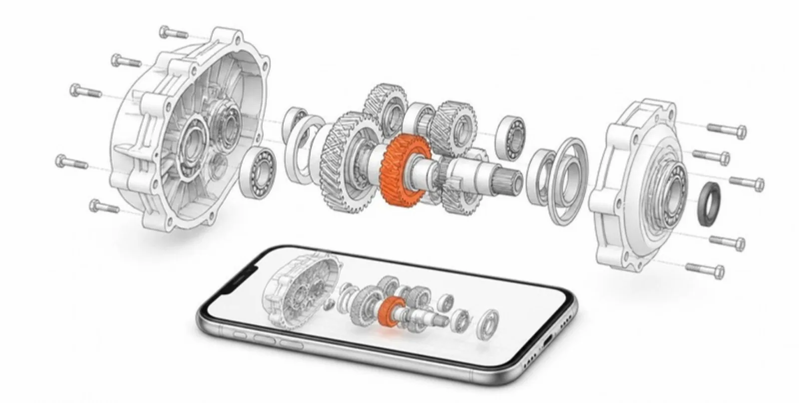 An exploded gearbox assembly and the same model in AR on a phone